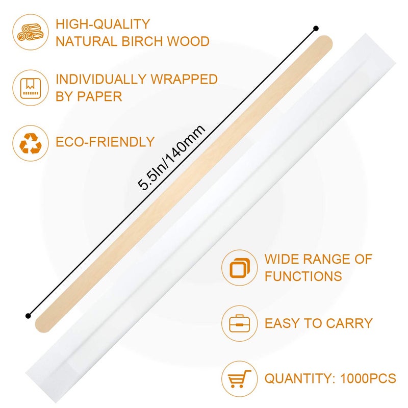 Amkoskr 1000Pcs Disposable Wood Coffee Stir Sticks Stirrers Individually Paper Wrapped Coffee Tea Beverage Stirrers Stirrings 5.5 Inch,140mm - Image 2
